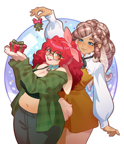 big_butt breasts butt clothed clothing duo female female/female floppy_ears fully_clothed hair holidays mistletoe plant pseudo_hair red_hair short slightly_chubby slightly_chubby_female small_breasts tentacle_hair tentacles p.a.u.l christmas coraline_kempt aquatic cephalopod coleoid lagomorph leporid mammal mimic_octopus mollusk octopodiform octopus rabbit
