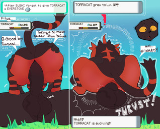 anal anal_penetration anthro anthro_on_feral anthro_penetrating anthro_penetrating_feral balls bestiality big_balls big_butt big_penis biped black_body black_ears black_eyes black_fur black_tail butt cowgirl_position day dialogue duo erection evolution_through_sex exclamation_point feral feral_penetrated from_front_position fur gameplay_mechanics gender_symbol genitals grass gui hair hand_on_butt health_bar huge_penis interspecies lying lying_on_ground male male/male male_penetrated male_penetrating male_penetrating_male male_symbol multicolored_body multicolored_fur on_back on_bottom on_grass on_ground on_top onomatopoeia open_mouth orange_sclera outside penetration penile penile_penetration penis penis_in_ass plant pokephilia question_mark rear_view red_body red_fur red_hair red_tail sex sound_effects speech_bubble surprised symbol tail text text_box thick_thighs tongue two_tone_body two_tone_fur two_tone_tail vein veiny_balls whiskers yellow_sclera sushiamazing nintendo pokemon sushi_(sushiamazing) domestic_cat felid feline felis generation_7_pokemon mammal pokemon_(species) torracat 2026 absurd_res comic digital_media_(artwork) english_text hi_res