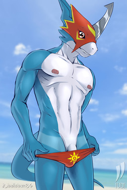 anthro armor athletic beach clothing clothing_pull femboy genitals headgear helmet humanoid_genitalia humanoid_penis light male outside penis seaside sky solo speedo summer sunlight suntan swimwear swimwear_pull tan_line teasing iudicium86 bandai_namco digimon digimon_(species) flamedramon hi_res
