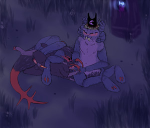 6_legs anal anal_penetration anthro balls bandage blush bodily_fluids claws duo erection fangs fur genital_fluids genitals hair hair_over_eyes hand_holding hooves horn leaking_precum male markings penetration penis precum purple_body purple_fur red_markings sickle_claw simple_background size_difference teeth toe_claws welcometaco cult_of_the_lamb massive_monster_(studio) goat_(cult_of_the_lamb) purple_crown_(cult_of_the_lamb) shamura_(cult_of_the_lamb) arachnid arthropod bovid caprine goat mammal spider taur hi_res nonbinary_(lore)