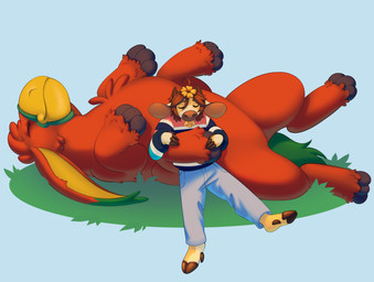2_toes 3_toes 6_legs anthro barefoot big_ears bottomwear clothing cloven_hooves denim denim_bottomwear denim_clothing duo feet feral fingers floppy_ears grass hexapod hooved_fingers hooved_plantigrade hooved_toes hooves jeans lying male male/male on_back pants pattern_clothing paws plant plantigrade red_body simple_background sleeping striped_clothing stripes sweater toes topwear yellow_body kisha_(artist) microsoft minecraft mojang xbox_game_studios oliver_(moobloom) bovid bovine cattle elemental_creature flora_fauna mammal moobloom reptile scalie sniffer_(minecraft) hi_res
