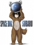 anthro armor clothing costume dog_costume female fursuit headgear helmet not_furry_wearing_fursuit simple_background solo spacesuit tail text white_background koishi_chikasa canid canine canis domestic_dog human mammal english_text grandfathered_content