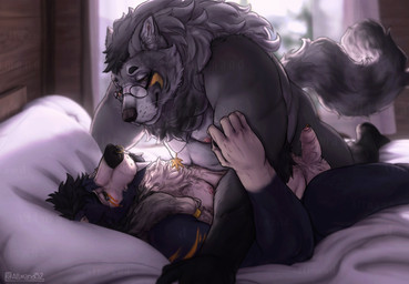 anthro arm_tuft aroused balls barazoku bed bed_sheet bedding bedroom belly biceps body_hair chest_hair duo elbow_tuft erection eye_contact eyewear eyewear_only face_to_face facial_piercing fangs forearm_muscles foreskin furniture genital_piercing genitals glasses glasses_only grey_hair grin hair intimate jewelry leaning leaning_forward leaning_over looking_at_another lying male male/male manly mature_male muscular_legs necklace necklace_only nose_piercing nose_ring nude on_back on_bed overweight penis penis_piercing piercing prince_albert_piercing pubes reclining ring_piercing sabertooth_(anatomy) slightly_chubby smile teeth triceps tuft vein veiny_penis wearing_glasses white_hair allmand52 bear canid canine mammal raccoon_dog tanuki 2025 hi_res