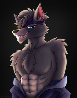 abs accessory anthro athletic bedroom_eyes blue_eyes blush chest_tuft cjk_character cjk_character_on_clothing clothed clothing eye_patch eyewear facial_markings fangs fluffy_shoulders front_view fur grey_body grey_fur grin hair hands_behind_back head_markings headband looking_at_viewer male markings muscular muzzle_(marking) narrowed_eyes partially_clothed pecs presenting presenting_abs presenting_pecs removing_shirt rim_light seductive sharp_teeth short_hair simple_background smile solo standing teeth text toothy_grin tuft undressing undressing_self internetwoof cat_quest_(series) hotto_doggo canid canine canis domestic_dog mammal absurd_res chromatic_aberration digital_drawing_(artwork) digital_media_(artwork) half-length_portrait hatching_(art) hi_res japanese_text portrait shaded