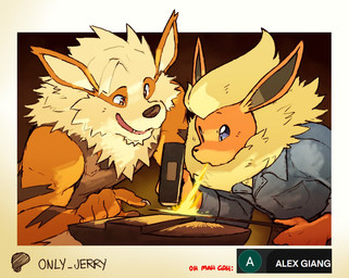 anthro anthrofied blacksmith_hammer blacksmithing clothed clothing duo fire fur gesture hair hand_gesture holding_object open_mouth open_smile orange_arms orange_body orange_ears orange_fingers orange_fur orange_hands pointing pokemorph smile tan_body tan_fur tan_hair teeth text topwear dahecksajerry nintendo pokemon booster_(dahecksajerry) samson_(dahecksajerry) arcanine eeveelution flareon generation_1_pokemon pokemon_(species) english_text
