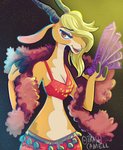 abstract_background anthro blonde_hair bottomwear breasts brown_eyes cleavage clothed clothing female fur hair hair_over_eye halter_top hand_fan horn looking_at_viewer midriff multicolored_body multicolored_fur one_eye_obstructed open_mouth open_smile skirt smile solo two_tone_body two_tone_fur trashcamell disney zootopia gazelle_(zootopia) antelope bovid gazelle mammal hi_res signature