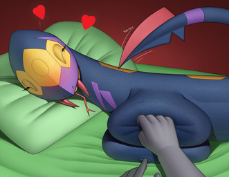 anthro areola bed big_breasts blade breast_grab breast_play breasts busty_feral duo eyelashes eyes_closed fangs female feral forked_tongue furniture hand_on_breast heart_symbol huge_breasts male male/female nipples pillow tail tail_blade teeth tongue vein veiny_breasts weapon_tail conditional_dnp creatiffy nintendo pokemon generation_3_pokemon pokemon_(species) reptile scalie seviper snake digital_media_(artwork) hi_res