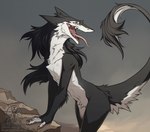 anthro black_body black_fur female fur multicolored_body multicolored_fur nude open_mouth raised_tail sharp_teeth solo tail teeth tongue tongue_out two_tone_body two_tone_fur white_body white_fur rotarr sergal 2023 digital_media_(artwork)