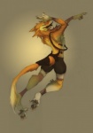 4_toes claws digitigrade feet green_eyes hindpaw looking_at_viewer looking_back male paws scar simple_background soles solo suspension tail toes skulldog_(artist) lovar mammal sergal