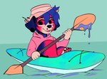 anthro blue_body blue_fur blue_hair clothing ear_piercing fangs fishing_hat fur gauged_ear green_background hair hoodie kayak male oar open_mouth open_smile pawpads paws piercing pink_body pink_fur pink_pawpads red_sclera simple_background smile solo tan_body tan_fur teeth topwear vehicle watercraft wide_eyed sparkibarki orson_(sparkibarki) canid canine canis domestic_dog mammal andromorph_(lore) trans_(lore) trans_man_(lore)