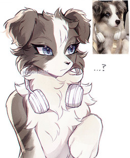 anthro black_nose blue_eyes brown_markings electronics eyelashes female floppy_ears fluffy fur headphones headphones_around_neck markings multicolored_body multicolored_fur paws question_mark simple_background solo white_background white_body white_fur white_headphones 3rdperson_iz canid canine canis domestic_dog mammal colored digital_drawing_(artwork) digital_media_(artwork) reference_image shaded