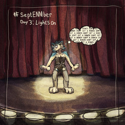 anthro bulge clothing corset curtains embarrassed erection fishnet_clothing fishnet_legwear garter_straps legwear lingerie male public solo spotlight stage text thought_bubble topwear unwanted_erection kittee_mortis septenmber canid canine canis domestic_dog husky mammal nordic_sled_dog spitz 1:1 english_text hi_res