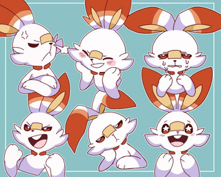 ambiguous_gender annoyed anthro blush bodily_fluids bored buckteeth cheeky cross-popping_vein crying embarrassed fist happy open_mouth sad smug solo starry_eyes tears teeth tongue opryee nintendo pokemon generation_8_pokemon pokemon_(species) scorbunny 2024 5:4 english_description hi_res