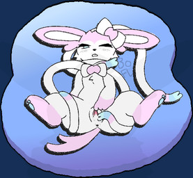 anus blue_eyes blush bodily_fluids cum cum_in_vagina cum_inside female feral fur genital_fluids genitals humanoid_genitalia humanoid_vulva looking_at_viewer lying on_back pink_body presenting ribbons simple_background solo spreading vulva white_body wrapped boochaflare nintendo pokemon eeveelution generation_6_pokemon pokemon_(species) sylveon alpha_channel