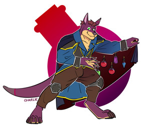 alchemist anthro brown_hair cape clothed clothing eyebrows fur green_eyes hair knee_pads male offering_to_viewer potion potion_bottle purple_body purple_fur raised_eyebrow smile smirk solo stubble tail charlieshead dungeons_and_dragons hasbro wizards_of_the_coast marster kangaroo macropod mammal marsupial hi_res