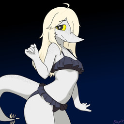 anthro bikini biped black_bikini black_clothing black_eyes black_swimwear blonde_hair blue_background breasts clothed clothed_anthro clothed_female clothing eyebrow_through_hair eyebrows feathered_tail feathers female fingers freckled_chest freckled_face freckled_shoulders freckled_tail freckles gradient_background hair hair_over_eye humanoid_hands long_hair long_tail looking_at_viewer navel non-mammal_breasts pose scales side_view simple_background small_breasts smile solo standing swimwear tail text translucent translucent_hair two-piece_swimsuit white_body white_feathers white_scales yellow_sclera bicycle_(artist) cavemanon_studios puppet_pals snoot_game fan_character judee dinosaur prehistoric_species reptile saurischian scalie theropod troodon troodontid 1:1 absurd_res artist_name colored hi_res shaded