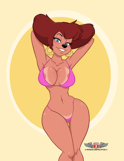 anthro areola areola_slip bedroom_eyes big_breasts bikini bikini_thong blue_eyes breasts brown_hair camel_toe clothing ear_piercing ear_ring female hair hands_behind_head hoop_ear_ring looking_at_viewer narrowed_eyes navel piercing pink_areola pose purple_bikini purple_clothing purple_swimwear ring_piercing seductive smile smiling_at_viewer solo string_bikini suntan swimwear tan_line text thick_thighs two-piece_swimsuit aeolus06 phillipthe2 third-party_edit disney goof_troop peg_pete canid canine canis domestic_dog mammal 2024 hi_res story story_in_description url