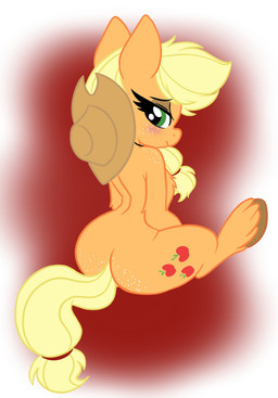 apple blonde_hair blush brown_hooves butt clothing cutie_mark dock_(anatomy) eyebrows eyelashes female fetlocks food fruit fur green_eyes hair hat headgear headwear hooves orange_body orange_fur plant sitting solo suggestive tail yellow_tail shinkaku friendship_is_magic hasbro my_little_pony applejack_(mlp) earth_pony equid equine horse mammal pony 2023 digital_drawing_(artwork) digital_media_(artwork) hi_res