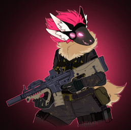 4_ears 5_fingers ambiguous_gender anthro ar-15 assault_rifle brown_body brown_fur clothed clothing fingers fur gun hair holding_gun holding_object holding_ranged_weapon holding_weapon machine mk18 multi_ear pink_eyes pink_hair ranged_weapon red_hair rifle screen screen_face solo uwu weapon neylatl capcom resident_evil mammal protogen 2020 digital_media_(artwork)