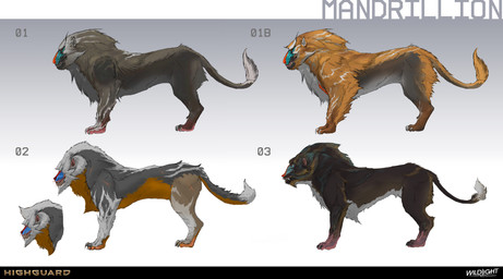 3_toes ambiguous_feral ambiguous_gender beard black_body black_claws black_fur black_tail blue_face brown_body brown_feet brown_fur brown_tail claws company_name facial_hair feet feral fur fur_markings gradient_background grey_beard grey_body grey_claws grey_facial_hair grey_fur grey_hair grey_tail group hair light long_fangs long_tail markings mouth_closed multicolored_body multicolored_fur multicolored_tail number orange_body orange_eyes orange_fur orange_tail paws quadruped red_markings red_nose sharp_teeth short_hair side_view simple_background standing tail teeth text toe_claws toes white_eyes white_markings nicholas_patrick_kelana highguard_(game) felid feline haplorhine mammal mandrillion_(highguard) monkey old_world_monkey primate 2026 absurd_res colored concept_art digital_drawing_(artwork) digital_media_(artwork) english_description english_text hi_res lighting official_art shaded