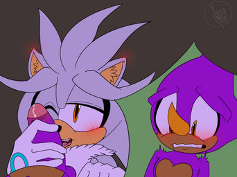 anthro blushing_profusely bodily_fluids dripping duo fellatio genital_fluids leaking_precum male male/male narrowed_eyes oral penile precum precum_drip seductive sex teasing shadydaone sega sonic_the_hedgehog_(series) espio_the_chameleon silver_the_hedgehog chameleon eulipotyphlan hedgehog lizard mammal reptile scalie hi_res