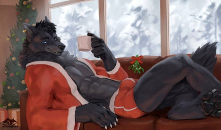 abs anthro biped black_body black_fur black_hair black_pawpads blue_eyes briefs bulge christmas_tree claws clothing container cup detailed_background digitigrade ear_piercing ear_ring finger_claws fur furniture gift hair holding_container holding_cup holding_mug holding_object holidays inside looking_at_viewer lying male male_anthro mistletoe monotone_body monotone_fur mug muscular muscular_anthro muscular_male neck_tuft on_back on_sofa pawpads paws pecs piercing plant red_briefs red_clothing red_underwear ring_piercing santa_coat sofa solo tree tuft underwear zephyxus christmas dravu canid canine canis mammal wolf 2025 digital_media_(artwork)