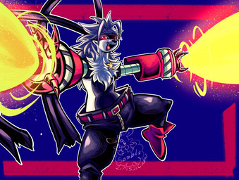 abstract_background anthro arm_cannon belly belt bottomwear chest_tuft clothed clothing cybernetic_arm cybernetic_limb female fighting_pose flat_chested footwear glowing glowing_eyes gun_arm laser logo mask open_mouth pants pose red_eyes shoes shooting smile solo topless topless_anthro tuft zipper letsseecapri bandai_namco digimon digimon_beatbreak digimon_(species) wolvermon artist_logo hi_res