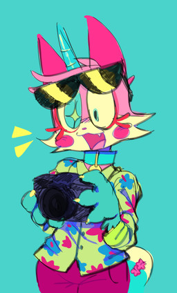ambiguous_gender anthro blue_eyes camera claws clothed clothing collar cute_fangs eyewear fangs fur happy horn pink_body pink_fur simple_background smile solo sparklefur sunglasses teeth unicorn_horn tickula lego the_lego_movie unikitty felid mammal color_contrast colorful_theme