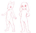 ambiguous_gender anthro duo featureless_crotch hands_behind_back looking_at_viewer navel nude simple_background smile standing white_background midaten canid canine canis domestic_dog mammal 2020 absurd_res hi_res monochrome sketch