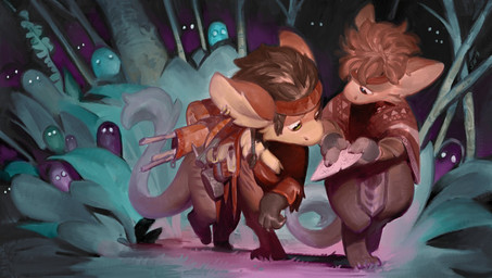 ambiguous_gender anthro brown_body brown_fur brown_hair clothed clothing detailed_background duo_focus ear_piercing fur group hair holding_object map outside paws piercing plant tree walking stealthnachos ghost spirit unknown_species digital_media_(artwork)