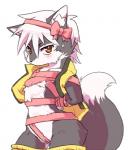 ambiguous_gender anthro bdsm black_nose blush brown_eyes fur grey_body grey_fur hair japanese kemono looking_at_viewer multicolored_body multicolored_fur nude ribbons simple_background solo two_tone_body two_tone_fur white_background white_body white_fur white_hair young 1boshi canid canine fox mammal low_res