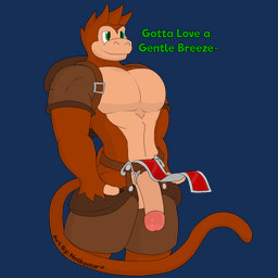 accessory anthro backpack balls belt bottomwear clothing cock_ring flashing fur genitals hair ineffective_clothing ineffective_loincloth jewelry loincloth male muscular muscular_anthro muscular_male pecs penis penis_accessory penis_jewelry shorts smile solo text wardrobe_malfunction conditional_dnp notkastar j.a.m haplorhine mammal monkey primate 1:1 alpha_channel english_text