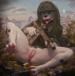 anthro anus armor blue_eyes bottomless bottomless_female camo camo_clothing camo_print clothed clothing feet female freckled_face freckles genitals gun headgear helmet holding_gun holding_object holding_ranged_weapon holding_weapon humanoid_genitalia humanoid_vulva looking_at_viewer markings pattern_clothing pawpads pink_body pink_pawpads pink_skin raised_tail ranged_weapon red_dot_sight rifle rifle_scope solo spots spotted_markings spread_legs spreading tail teeth tongue tongue_out trigger_discipline vulva weapon white_body white_sclera jaeger3d mayosplash_(modeler) 101_dalmatian_street 101_dalmatians disney dolly_(101_dalmatians) canid canine canis dalmatian domestic_dog mammal 3d_(artwork) absurd_res digital_media_(artwork) hi_res