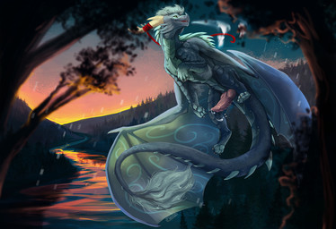 anthro blue_body bodily_fluids detailed_background erection feral genital_fluids genitals green_eyes horn knot knotted_penis male male_feral membrane_(anatomy) membranous_wings open_mouth open_smile outside pawpads penile_spines penis pink_penis plant precum precum_string river smile solo sunset tree wings i-psilone mythology dragon mythological_creature mythological_scalie scalie 2021 hi_res