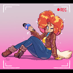 anthro black_bars blue_eyes boots bottomwear breasts camera_hud camera_view clothing denim denim_bottomwear denim_clothing electronics eyebrows eyelashes female footwear hair heart_symbol high_heeled_boots high_heels jacket jeans looking_at_viewer microphone one_eye_closed orange_hair pants shoes sitting smile solo sparkles topwear wink y2k_(fashion) jamoart pepper_page canid canine canis domestic_dog mammal 2024 absurd_res hi_res letterbox