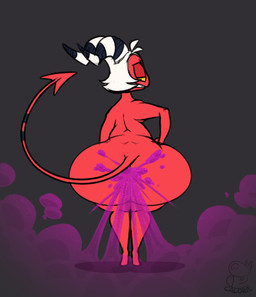 big_butt black_background black_eyes black_horn body_hair butt butt_hair butt_squish fart fart_cloud hair hand_on_butt hand_on_own_butt horn huge_butt logo looking_at_viewer looking_back looking_back_at_viewer male not_furry purple_fart_cloud purple_gas rear_view red_body red_skin red_tail shortstack shortstack_male simple_background solo spade_tail squish striped_horn stripes tail teeth white_hair white_horn yellow_sclera calorie hellaverse helluva_boss moxxie_(helluva_boss) demon humanoid imp 2026 alternate_version_at_source artist_logo colored digital_media_(artwork) flat_colors
