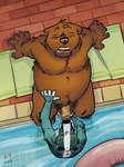 ambiguous_gender anthro balls belly big_belly brown_body brown_fur detailed_background duo eyes_closed fur genitals humanoid_genitalia humanoid_hands humanoid_penis male male/ambiguous male/male moobs nipples oral overweight overweight_male penis sitting swimming_pool water k-9 badger bear mammal mustelid musteline 2019 hi_res