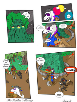 anthro black_body black_fur blue_eyes brown_body brown_fur dialogue fantasy forest fur greeting grey_hair hair nagashi_garrus368) plant purple_eyes tattoo text tree tribal white_body white_fur yellow_eyes garrus368 arboj_(garrus368) nahira_(garrus368) nesthus_(garrus368) canid mammal wiffen_(specie) comic english_text hi_res grandchild_(lore) grandfather_(lore) grandmother_(lore) grandparent_(lore)