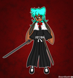 anthro asian_clothing bow_ribbon clothing east_asian_clothing female freckles green_eyes hair japanese_clothing kimono long_ears long_hair melee_weapon scabbard solo sword weapon blossomblaze bleach_(series) fan_character hybrid lagomorph leporid mammal rabbit soul_reaper absurd_res hi_res