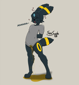 anthro bodily_fluids bottomless clothed clothing female female_peeing fluffy fluffy_tail fur genital_fluids peeing peeing_on_ground solo tail urine urine_on_ground urine_pool watersports wetting soxsmith nintendo pokemon eeveelution generation_2_pokemon pokemon_(species) umbreon hi_res
