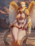 anthro areola beak big_breasts breasts crossgender feathered_wings feathers female fingers fur genitals looking_at_viewer nipples pussy smile solo tan_areola tan_nipples wings yeu asian_mythology hindu_mythology mythology garuda_(deity) avian bird absurd_res hi_res