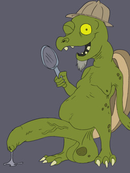 anthro balls belly big_penis bodily_fluids clothing dripping elderly facial_hair foreskin genital_fluids genitals goatee hat headgear headwear huge_penis hyper hyper_genitalia hyper_penis long_penis magnifying_glass male mature_male penis precum smile solo oddbird undertale undertale_(series) gerson reptile scalie turtle