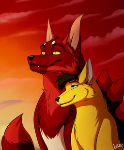 duo female male multi_tail sunset tail caraluca fremder kira_redpaw canid canine fox hybrid mammal hi_res
