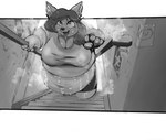 5_fingers anthro belly big_belly big_breasts bodily_fluids bottomwear breasts breath cleavage climbing clothed clothing crop_top female fingers hair handrail inside looking_up midriff navel obese obese_anthro obese_female overweight overweight_anthro overweight_female panting pants partially_clothed shirt shorts solo stairs stairwell steam steaming_body sweat sweating_profusely tongue topwear wall_(structure) wet wet_body wet_clothing hoshino_kedama canid canine mammal 2019 black_and_white monochrome