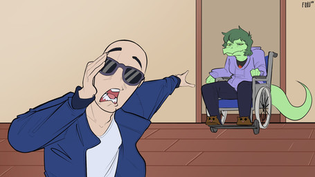 annoyed anthro bald big_tail clothing detailed_background disability duo eyes_mostly_closed eyewear female fingers footwear freckled_face freckles gesture green_body green_hair green_scales grey_eyes hair hand_gesture hoodie inside jacket light-skinned_male light_body light_skin long_tail male narrowed_eyes open_mouth paraplegic pointing scales shoes sitting slippers snout squint sunglasses tail text topwear vehicle wheelchair yellow_sclera foxu cavemanon_studios i_wani_hug_that_gator inco_(iwhtg) olivia_halford baryonyx dinosaur human mammal prehistoric_species reptile scalie spinosaurid theropod 16:9 2024 artist_name dated digital_drawing_(artwork) digital_media_(artwork) hi_res watermark widescreen