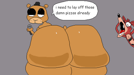 1_eye anthro bear_tail bedroom_eyes big_butt black_nose bouncing_butt brown_body bubble_butt butt clothing dialogue duo electronics eye_patch eyeshadow eyewear fangs freckles glistening glistening_butt glistening_eyelids grey_background hat hat_only head_tuft headgear headgear_only headwear headwear_only holding_object huge_butt looking_at_another looking_at_butt looking_at_self machine makeup male male/male microphone mostly_nude mouth_closed multicolored_body narrowed_eyes nude_anthro open_mouth pupils red_body seductive shocked simple_background size_difference speech_bubble standing tail tail_motion tailwag talking_to_self teeth text thick_thighs tongue top_hat tuft twerking white_sclera wide_hips nxyitn five_nights_at_freddy's scottgames foxy_(fnaf) freddy_(fnaf) animatronic bear canid canine fox mammal robot 2d_animation aliasing animated digital_media_(artwork) loop shaded simple_shading