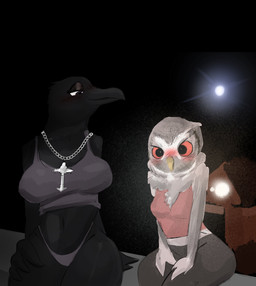 3_fingers anthro bare_shoulders beak bedroom_eyes big_breasts big_eyes black_beak black_blush black_body black_eyebrows black_eyeshadow black_feathers blush blush_lines blushing_profusely breast_size_difference breasts breasts_apart chain chain_necklace chest_tuft closed_smile clothed clothed_anthro clothed_female clothing crop_top curvy_figure dark_body dark_feathers detailed_background duo eyebrows eyelashes eyeshadow feather_tuft feathers female female/female fingers fully_clothed fully_clothed_anthro fully_clothed_female glistening glistening_body glistening_eyelids glistening_eyes glistening_feathers glistening_legs glistening_thighs grey_body grey_clothing grey_feathers grey_leggings grey_legwear half-closed_eyes hand_on_leg hand_on_own_leg hand_on_own_thigh hand_on_thigh hands_on_legs hands_on_own_legs hands_on_own_thighs hands_on_thighs head_tuft head_turned iris jewelry leggings legs_together legwear light light_body light_feathers looking_at_another looking_at_viewer makeup medium_breasts monotone_body monotone_feathers mouth_closed multicolored_body multicolored_feathers narrowed_eyes navel neck_tuft necklace night non-mammal_breasts pantsless pendant pink_clothing pink_shirt pink_topwear pupils purple_clothing purple_crop_top purple_eyes purple_shirt purple_thong purple_topwear purple_underwear red_sclera seductive shirt shy sitting small_pupils smile smiling_at_another thick_thighs thong three-quarter_view topwear tuft two_tone_body two_tone_feathers underwear white_body white_feathers white_pupils white_sclera wide_hipped_anthro wide_hipped_female wide_hips yellow_beak birbmabe avian bird corvid corvus_(genus) crow oscine owl passerine 2025 absurd_res digital_drawing_(artwork) digital_media_(artwork) hi_res