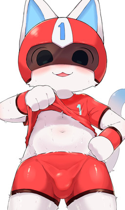 anthro armor blush bodily_fluids bottomwear bulge clothed clothing clothing_lift detailed_bulge fur furgonomic_headwear furgonomics headgear helmet kemono male navel open_mouth shirt shirt_lift shorts simple_background solo sweat topwear white_background white_body white_fur young young_anthro young_male ayakata45 animal_crossing nintendo kid_cat_(animal_crossing) domestic_cat felid feline felis mammal 2026 hi_res japanese_description
