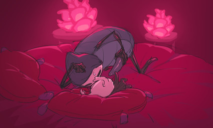 ambiguous_gender anthro armor bed bodily_fluids duo erection furniture genitals glistening glistening_genitalia glistening_penis headgear helmet holding_penis horn horned_helmet male male/ambiguous mask on_bed penis pillow size_difference sweat sweatdrop tapering_penis wearing_mask waddehe hollow_knight_(franchise) team_cherry quirrel_(hollow_knight) the_knight_(hollow_knight) arthropod insect vessel_(species)