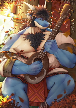 anthro beard black_hair blue_body blue_scales body_hair chest_hair claws ear_piercing ear_ring eyes_closed facial_hair finger_claws hair horn humanoid_pointy_ears lute male muscular muscular_male musical_instrument pecs piercing plucked_string_instrument pointy_ears ponytail ring_piercing scales sideburns sitting solo spread_legs spreading string_instrument sanmarugaru anothereidos_of_dragon_vein_r mythology folker_(anothereidos_r) dragon mythological_creature mythological_scalie scalie absurd_res hi_res